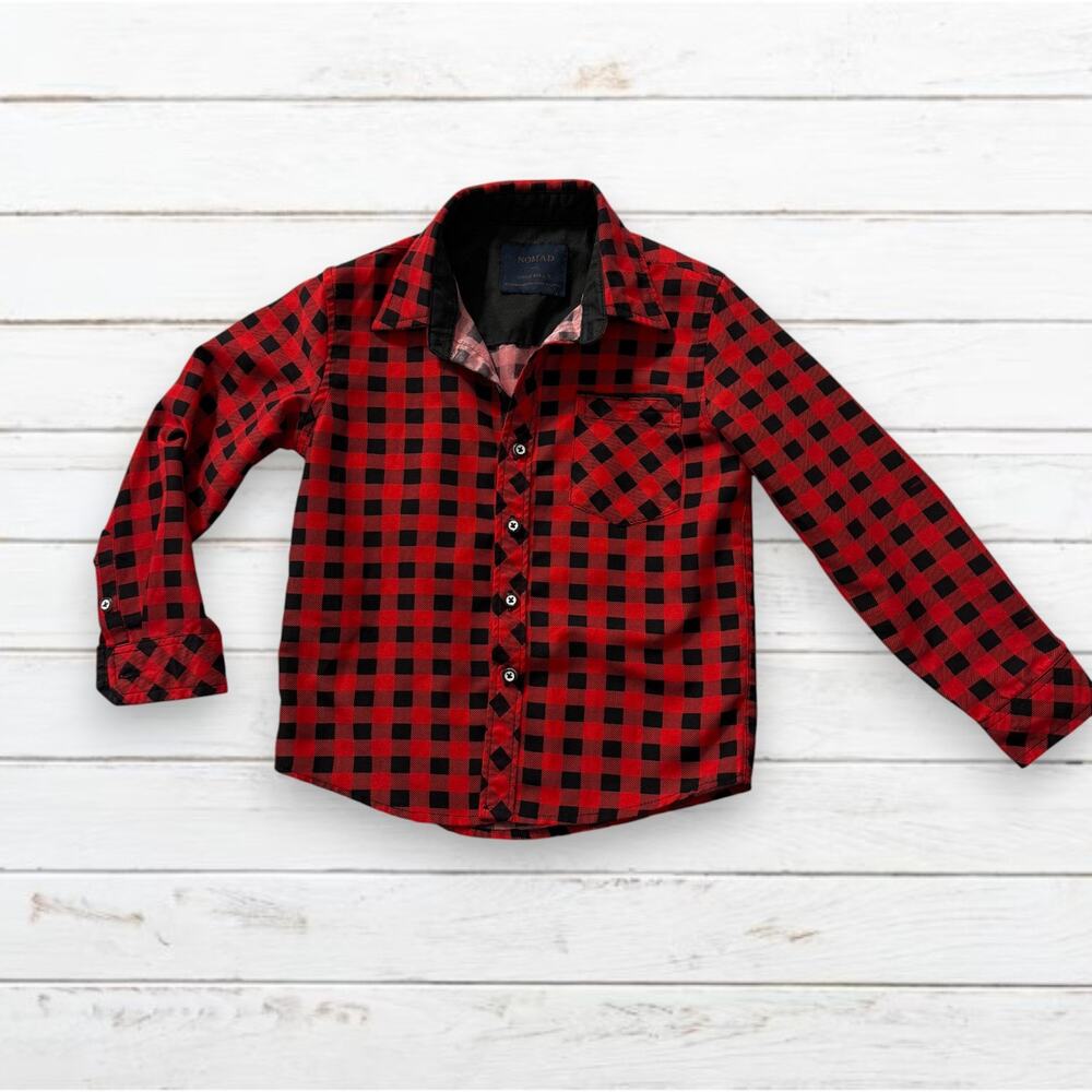 NOMAD Little Boy Size 4-5 Small Red Black Plaid‎ Button Down Long Sleeve